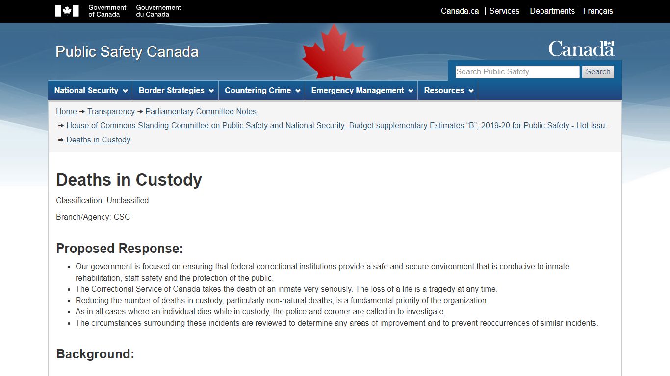 Deaths in Custody - Public Safety Canada